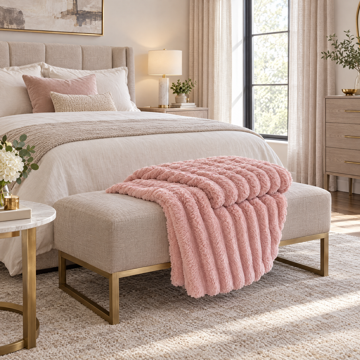 Soft Fluffy Striped Throw Blanket, 250 GSM Warmth - pink - lifestyle
