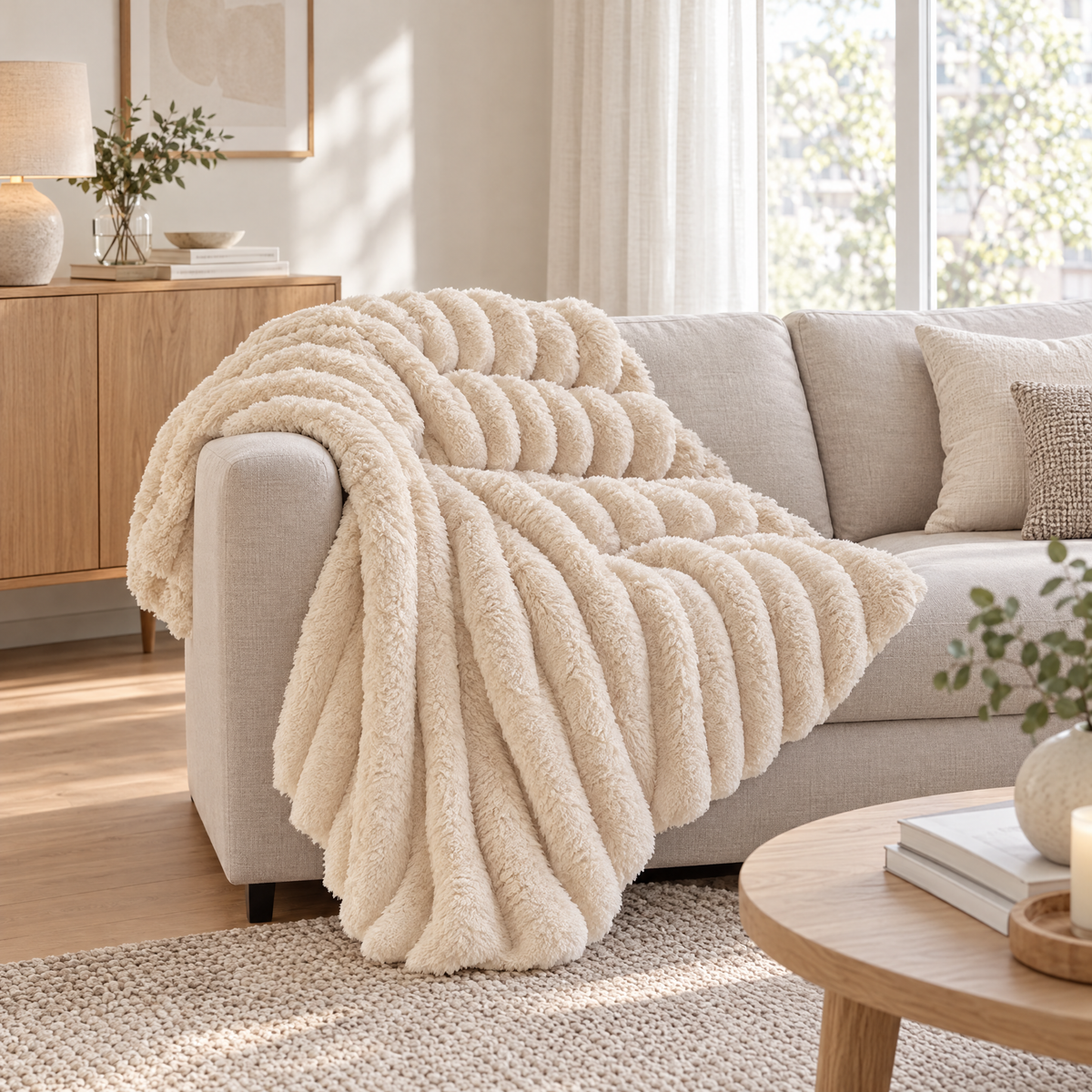 Soft Fluffy Striped Throw Blanket, 250 GSM Warmth - beige - lifestyle