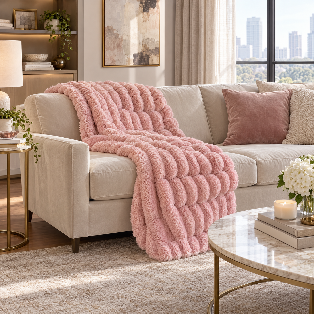 Soft Fluffy Striped Throw Blanket, 250 GSM Warmth - pink - lifestyle
