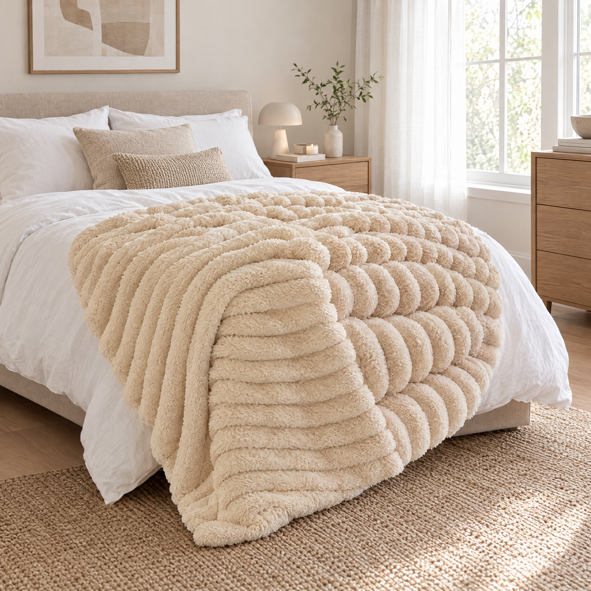 Soft Fluffy Striped Throw Blanket, 250 GSM Warmth - beige - lifestyle
