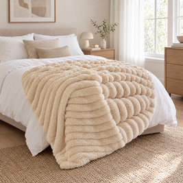 Soft Fluffy Striped Throw Blanket, 250 GSM Warmth - beige - lifestyle