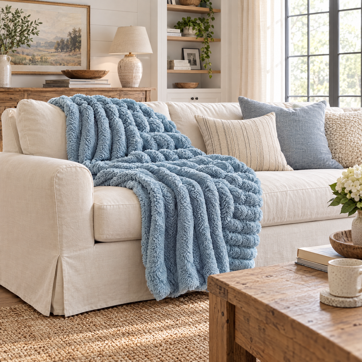 Soft Fluffy Striped Throw Blanket, 250 GSM Warmth - blue - lifestyle
