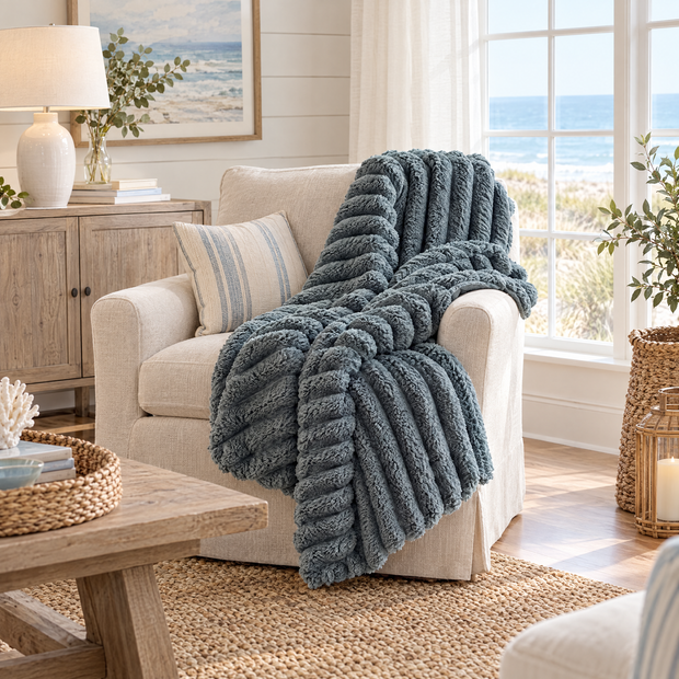 Soft Fluffy Striped Throw Blanket, 250 GSM Warmth - grey - lifestyle