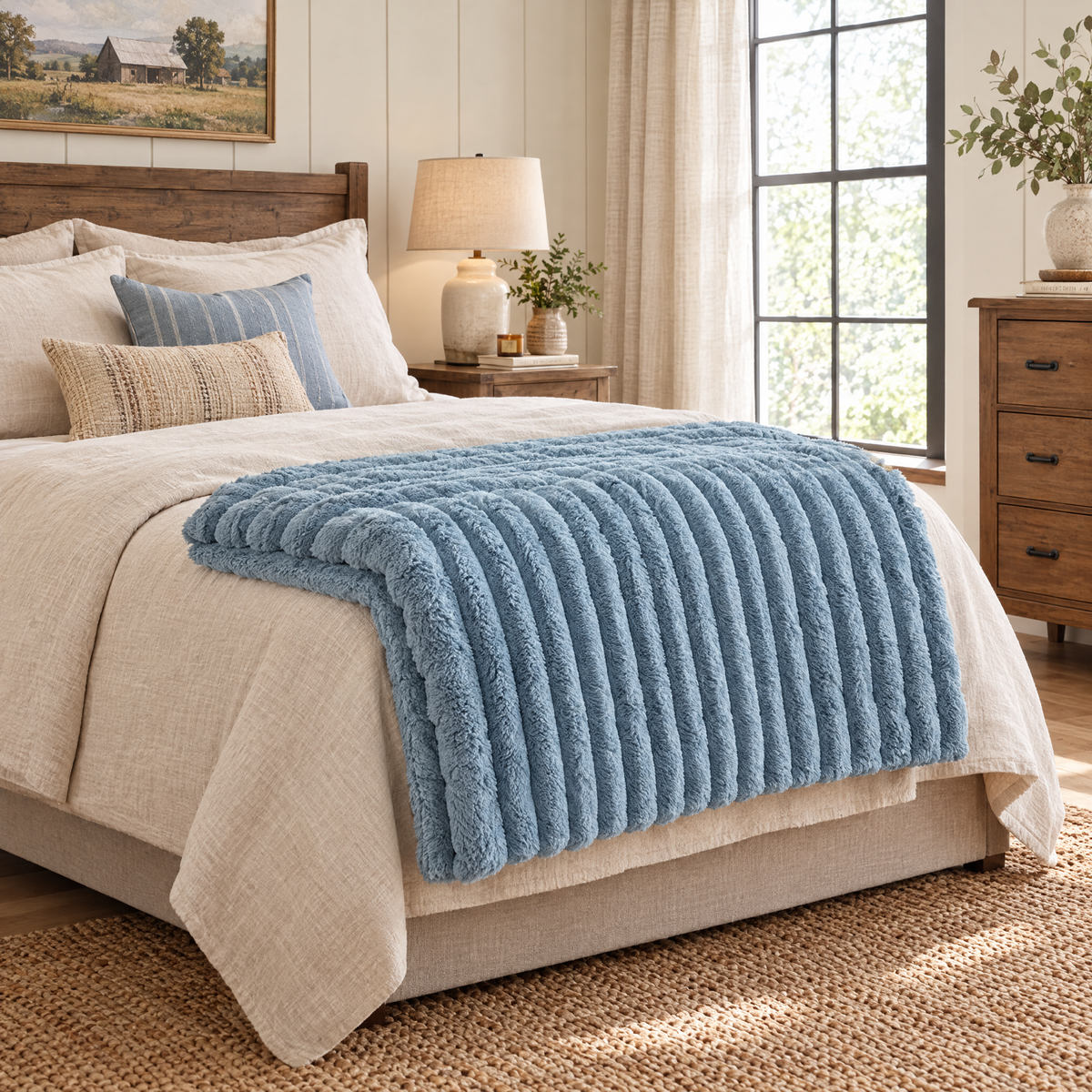 Soft Fluffy Striped Throw Blanket, 250 GSM Warmth - blue - lifestyle