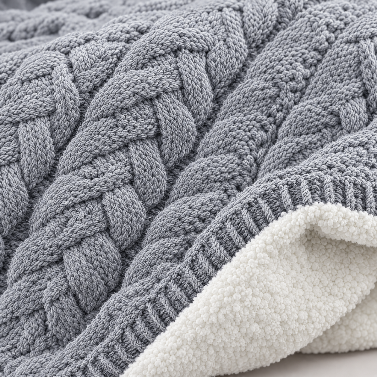 Handmade Chunky Knit Wool Blanket, Berber Fleece - GRAY - close-up detail