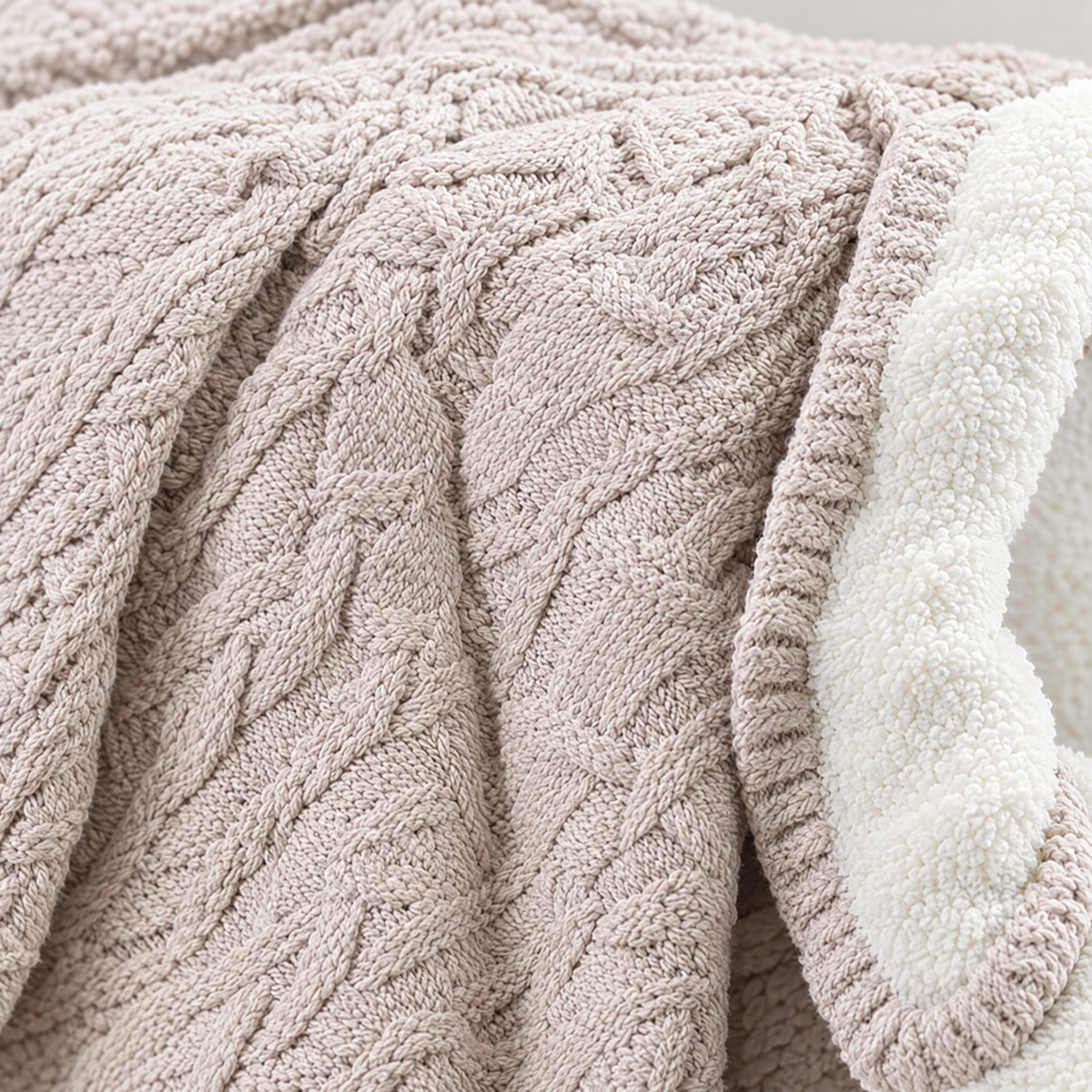 Handmade Chunky Knit Wool Blanket, Berber Fleece - Beige - close-up detail