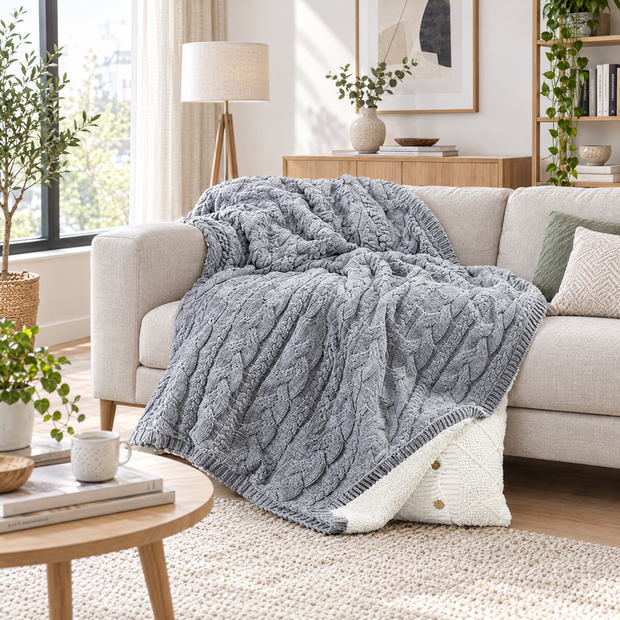 Handmade Chunky Knit Wool Blanket, Berber Fleece - GRAY - lifestyle