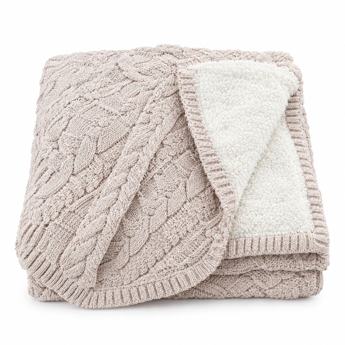 Handmade Chunky Knit Wool Blanket, Berber Fleece - Beige - white background