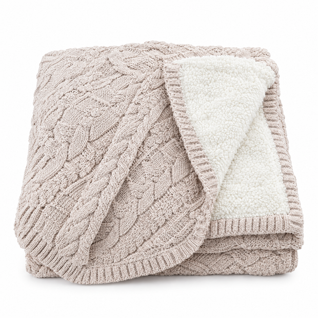 Handmade Chunky Knit Wool Blanket, Berber Fleece - Beige - white background