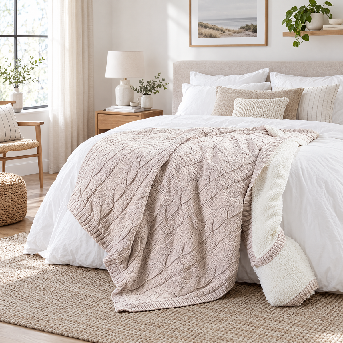 Handmade Chunky Knit Wool Blanket, Berber Fleece - Beige - lifestyle