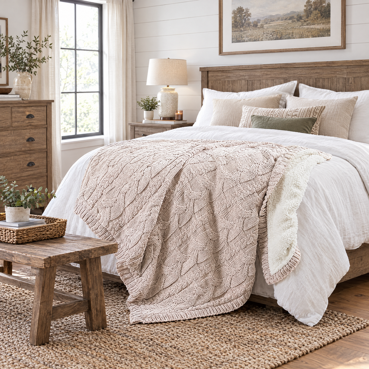 Handmade Chunky Knit Wool Blanket, Berber Fleece - Beige - lifestyle
