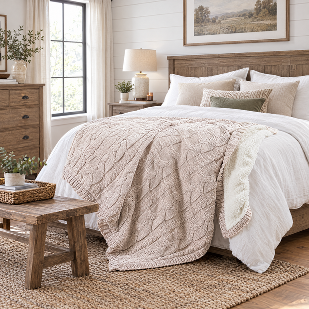 Handmade Chunky Knit Wool Blanket, Berber Fleece - Beige - lifestyle