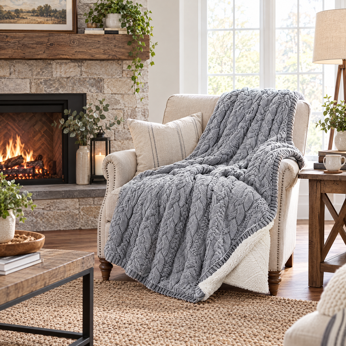 Handmade Chunky Knit Wool Blanket, Berber Fleece - GRAY - lifestyle