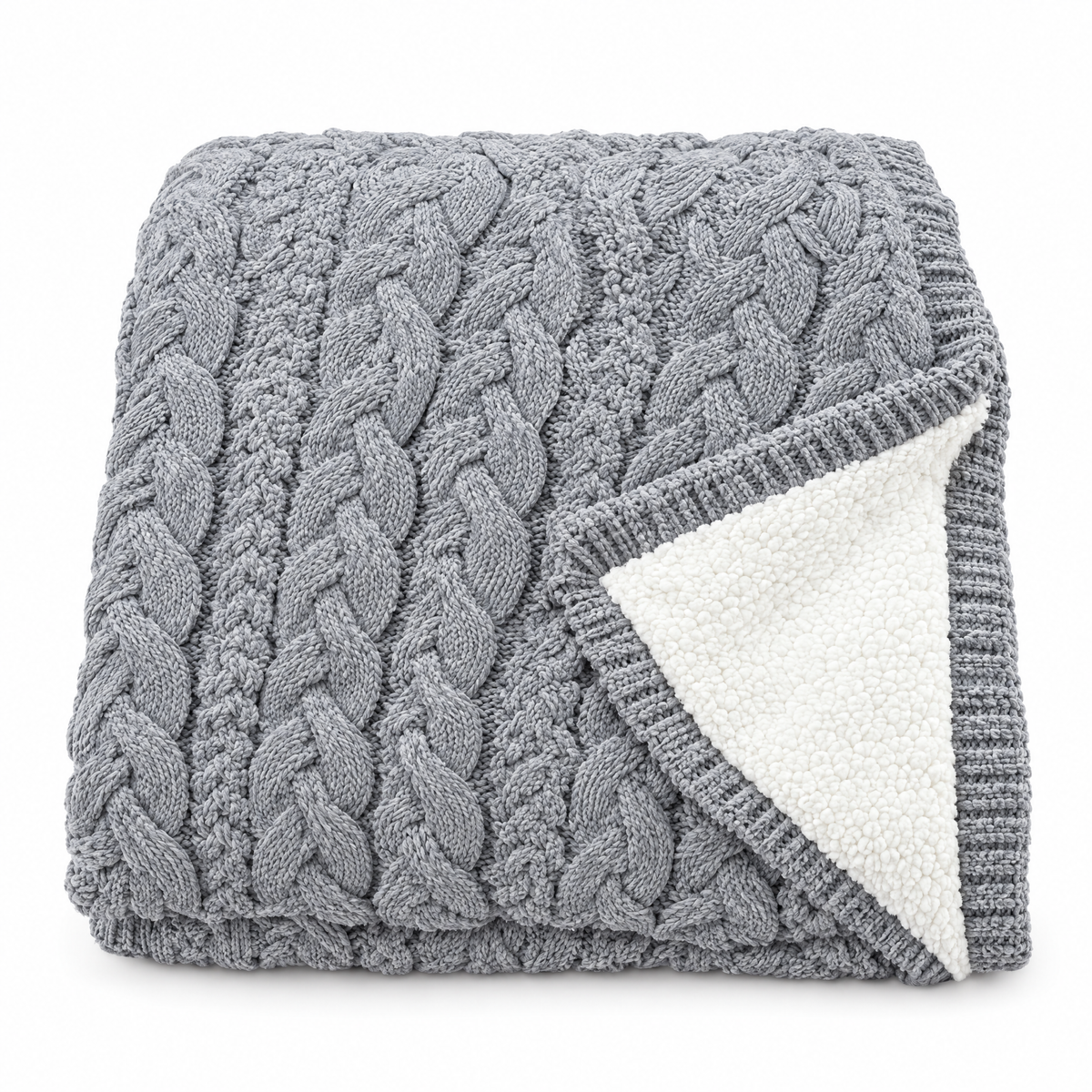 Handmade Chunky Knit Wool Blanket, Berber Fleece - GRAY - white background
