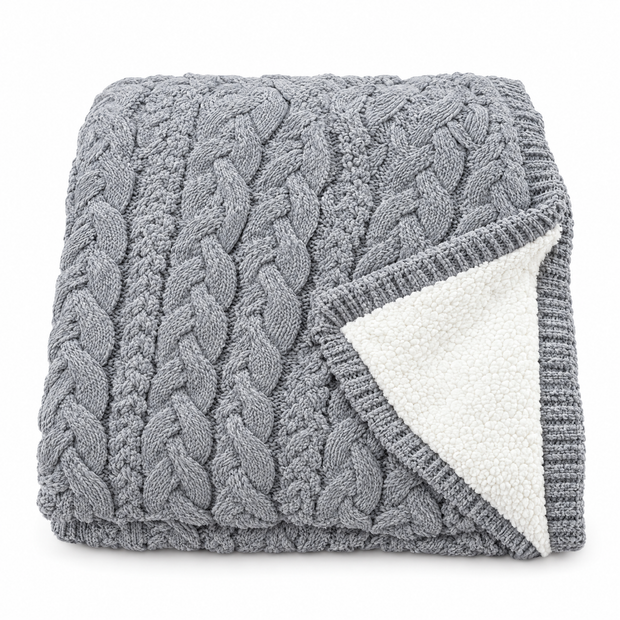 Handmade Chunky Knit Wool Blanket, Berber Fleece - GRAY - white background