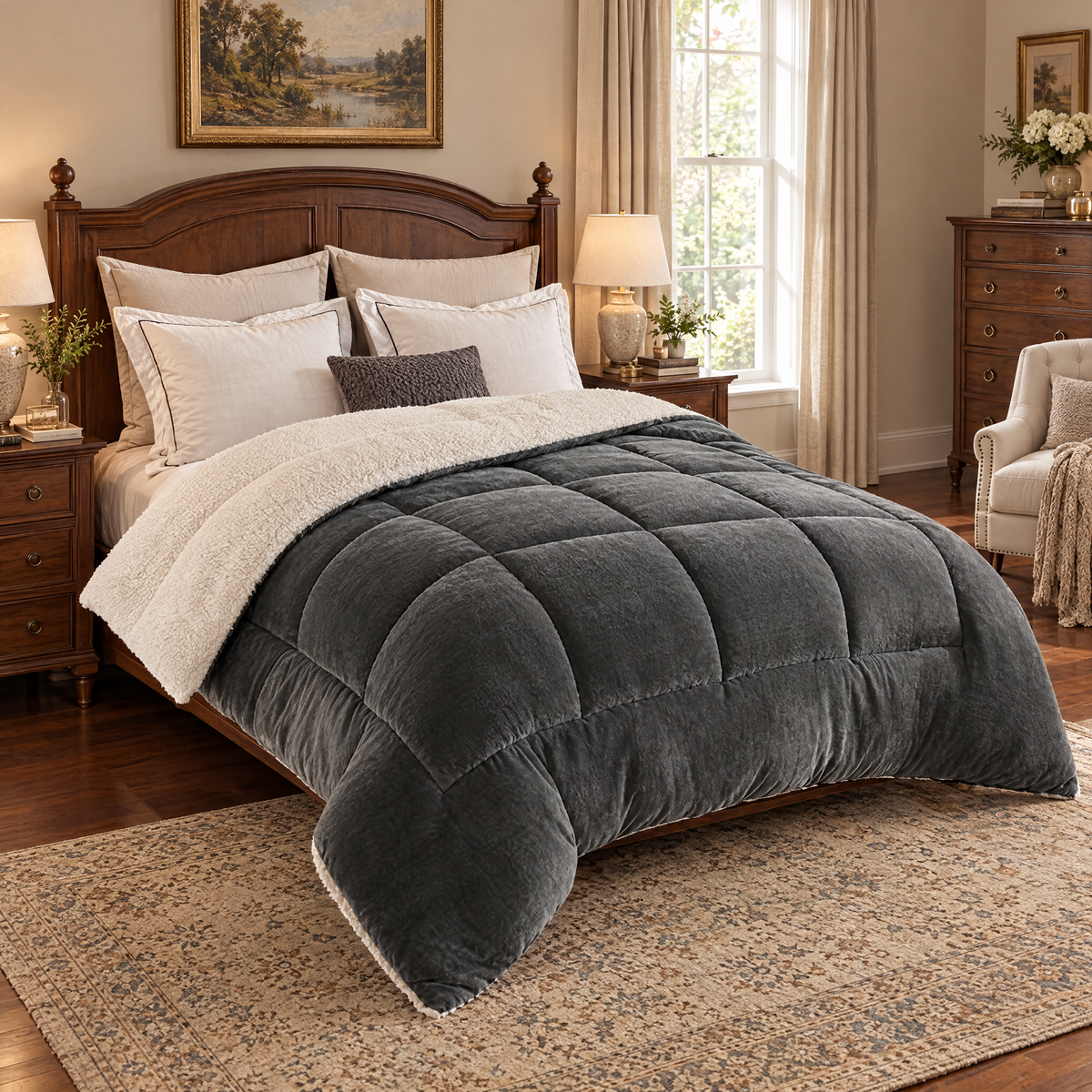 Milk Fleece Weighted Comforter, Warm Winter Quilt - Dark Gray - lifestyle