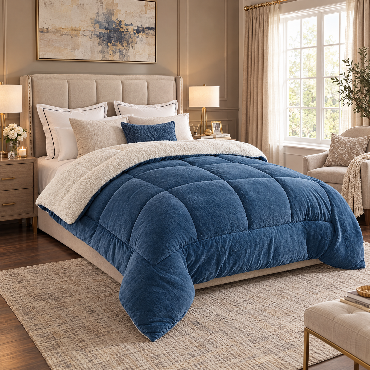 Milk Fleece Weighted Comforter, Warm Winter Quilt - Blue - lifestyle