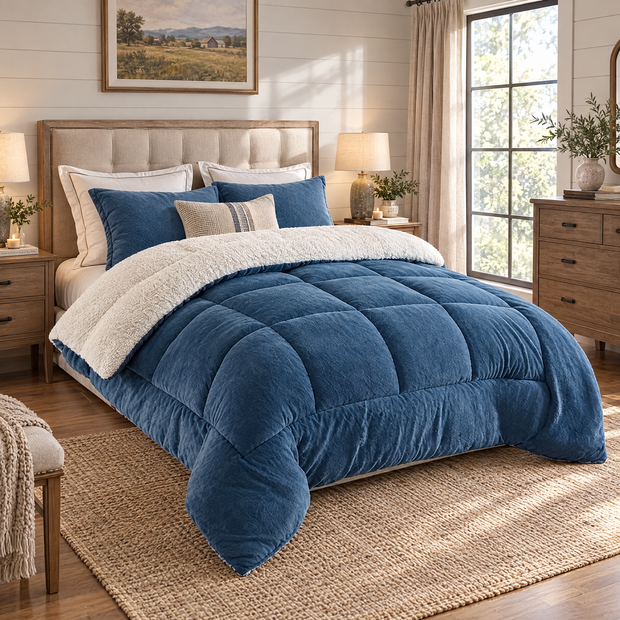 Milk Fleece Weighted Comforter, Warm Winter Quilt - Blue - lifestyle