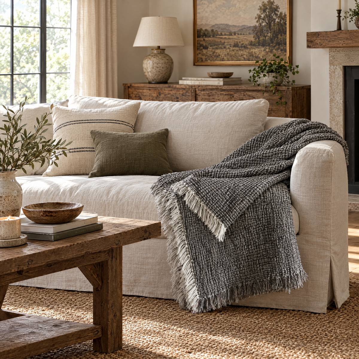 Cotton Linen Tassel Throw Blanket for Sofa & Bed - Shanjian - lifestyle