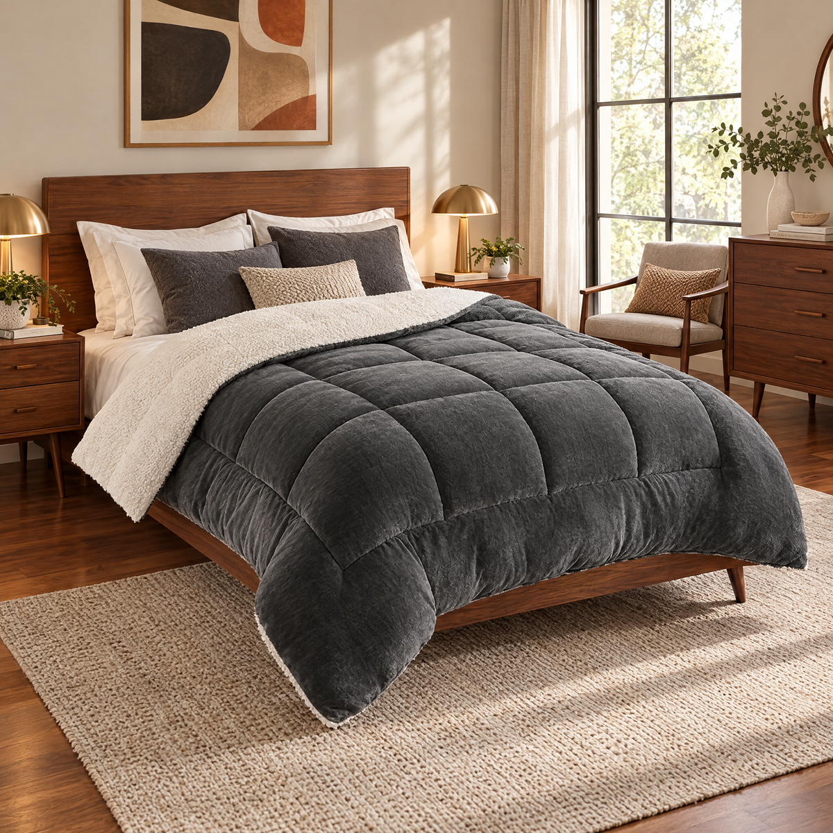 Milk Fleece Weighted Comforter, Warm Winter Quilt - Dark Gray - lifestyle