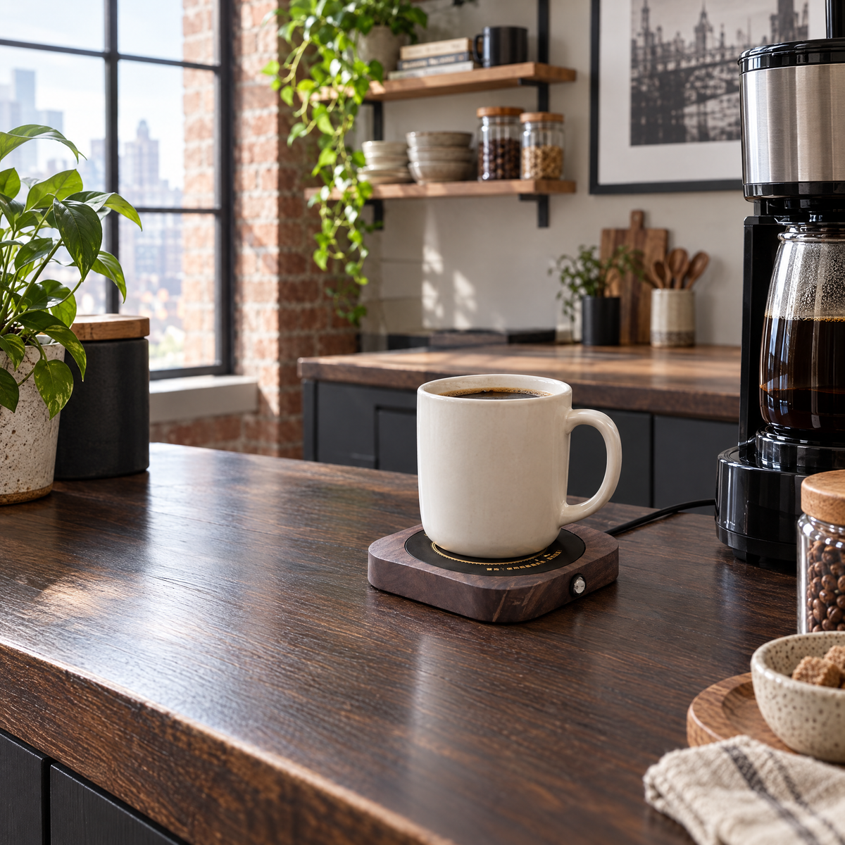 Electric Mug Warmer Coaster with 55°C Heat - square - lifestyle