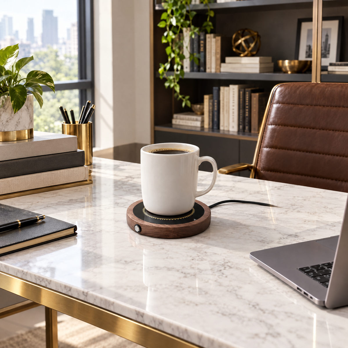 Electric Mug Warmer Coaster with 55°C Heat - round - lifestyle