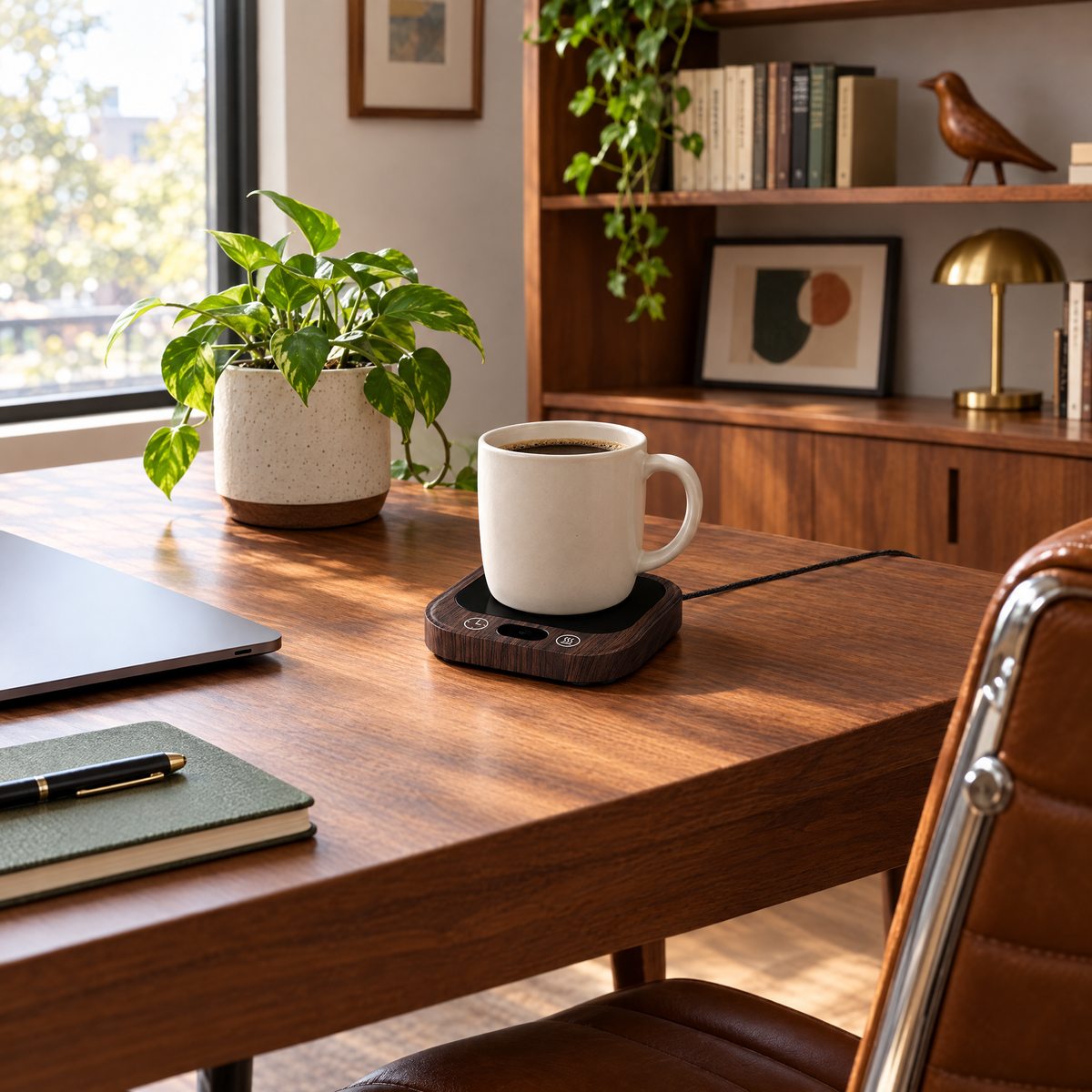 35W Mug Warmer Coaster with 5 Heat Settings - Wood grain - lifestyle