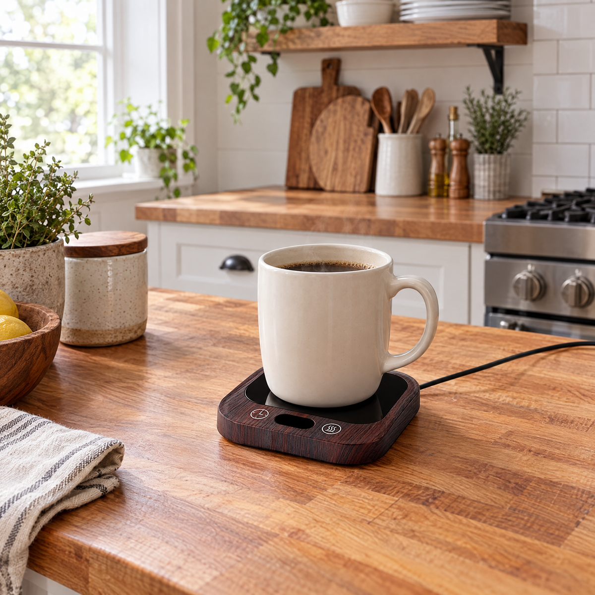 35W Mug Warmer Coaster with 5 Heat Settings - Wood grain - lifestyle
