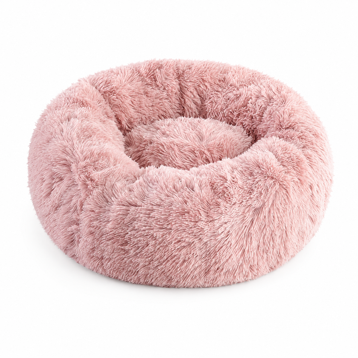 Plush Faux Fur Donut Calming Pet Bed - pink - white background