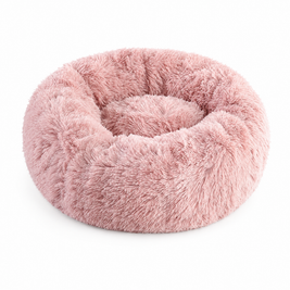 Plush Faux Fur Donut Calming Pet Bed - pink - white background