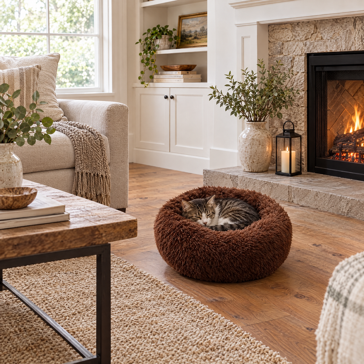 Plush Faux Fur Donut Calming Pet Bed - khaki - lifestyle