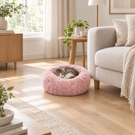 Plush Faux Fur Donut Calming Pet Bed - pink - lifestyle