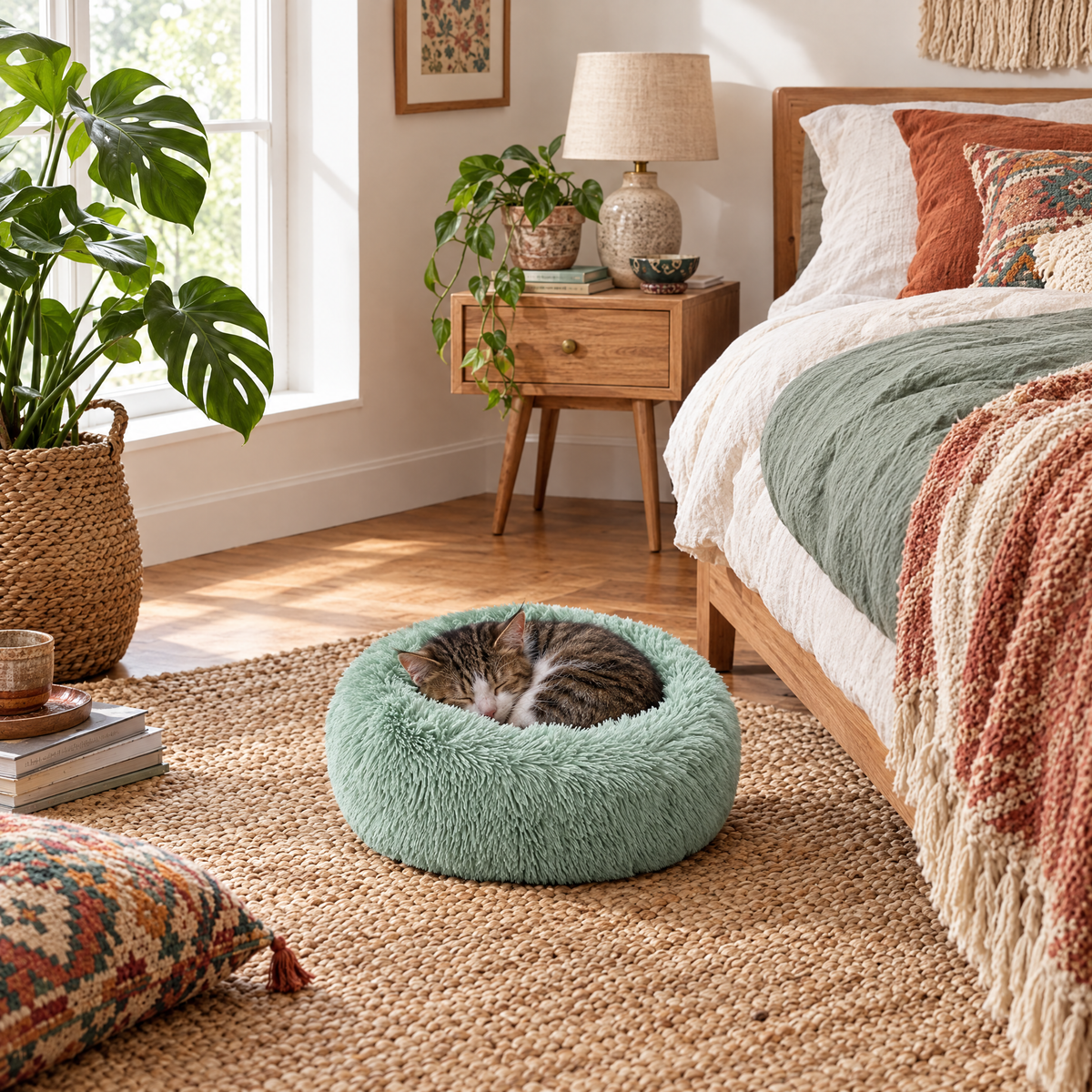 Plush Faux Fur Donut Calming Pet Bed - green - lifestyle