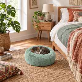 Plush Faux Fur Donut Calming Pet Bed - green - lifestyle