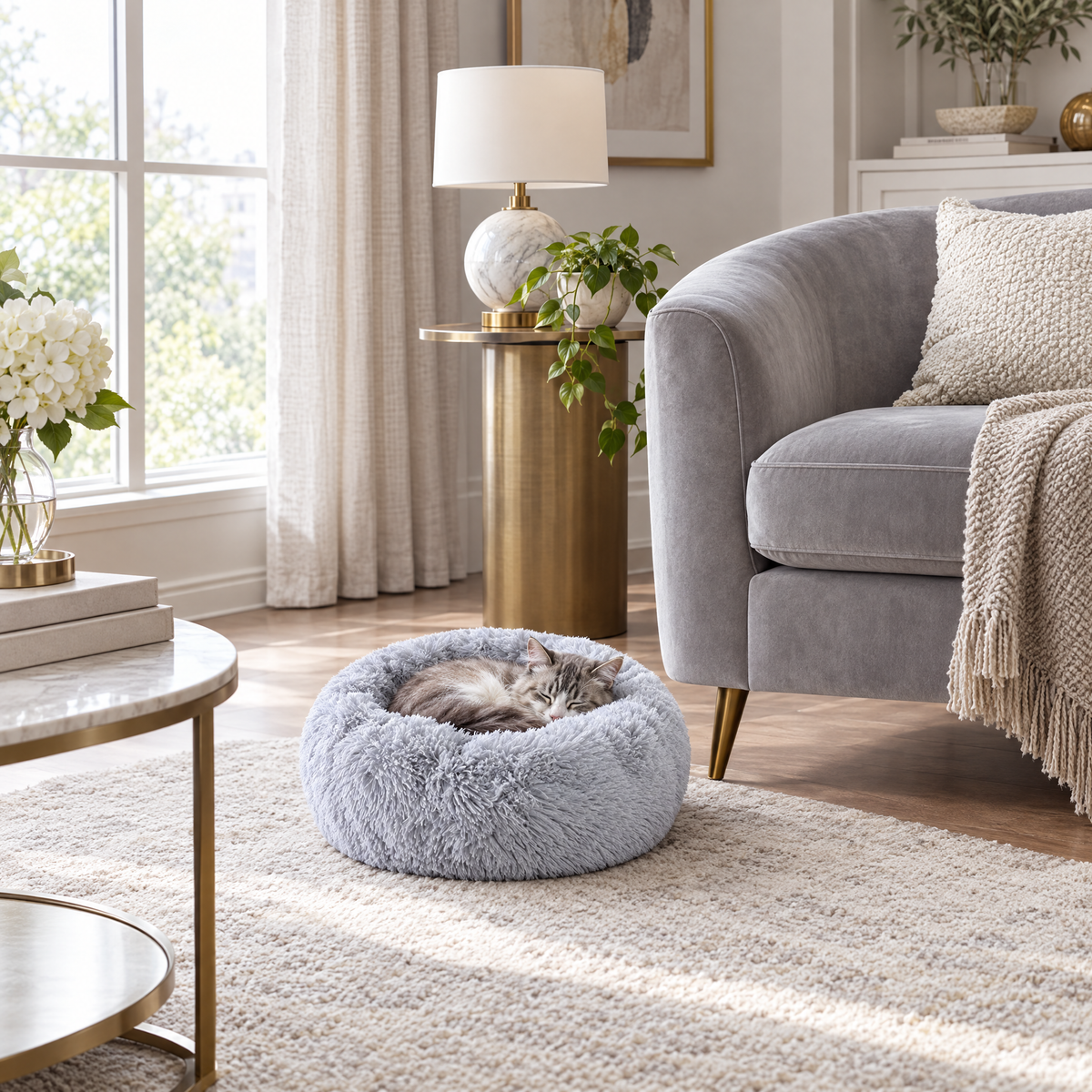 Plush Faux Fur Donut Calming Pet Bed - lightgray - lifestyle