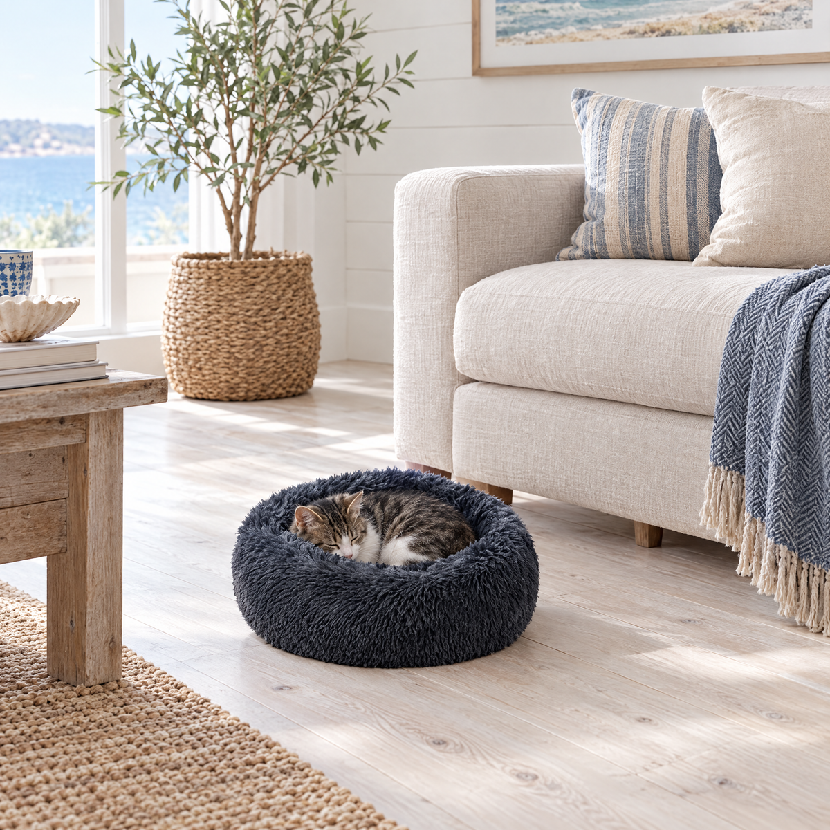 Plush Faux Fur Donut Calming Pet Bed - darkgrey - lifestyle