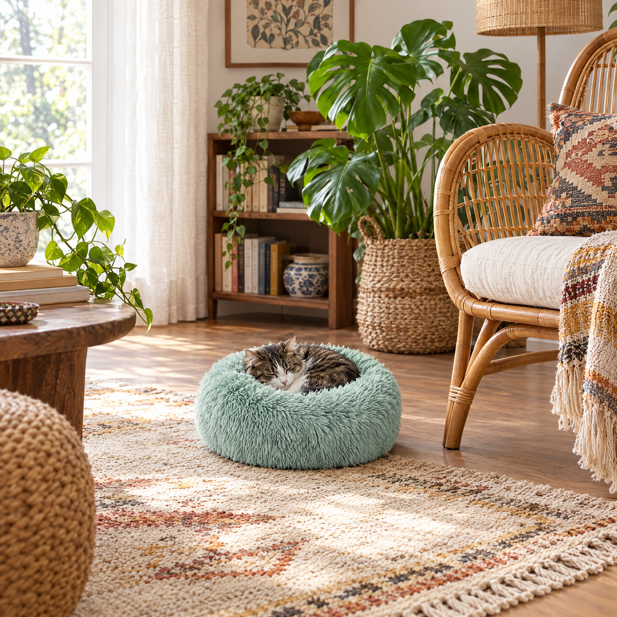 Plush Faux Fur Donut Calming Pet Bed - green - lifestyle