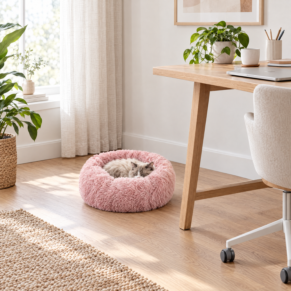 Plush Faux Fur Donut Calming Pet Bed - pink - lifestyle