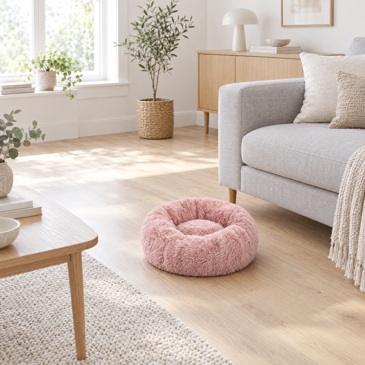Plush Faux Fur Donut Calming Pet Bed - pink lifestyle room photo