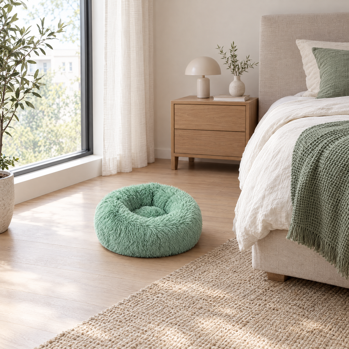 Plush Faux Fur Donut Calming Pet Bed - green lifestyle room photo