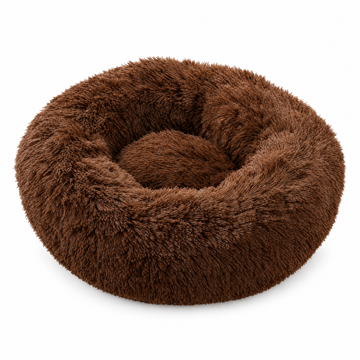 Plush Faux Fur Donut Calming Pet Bed - khaki white background product photo