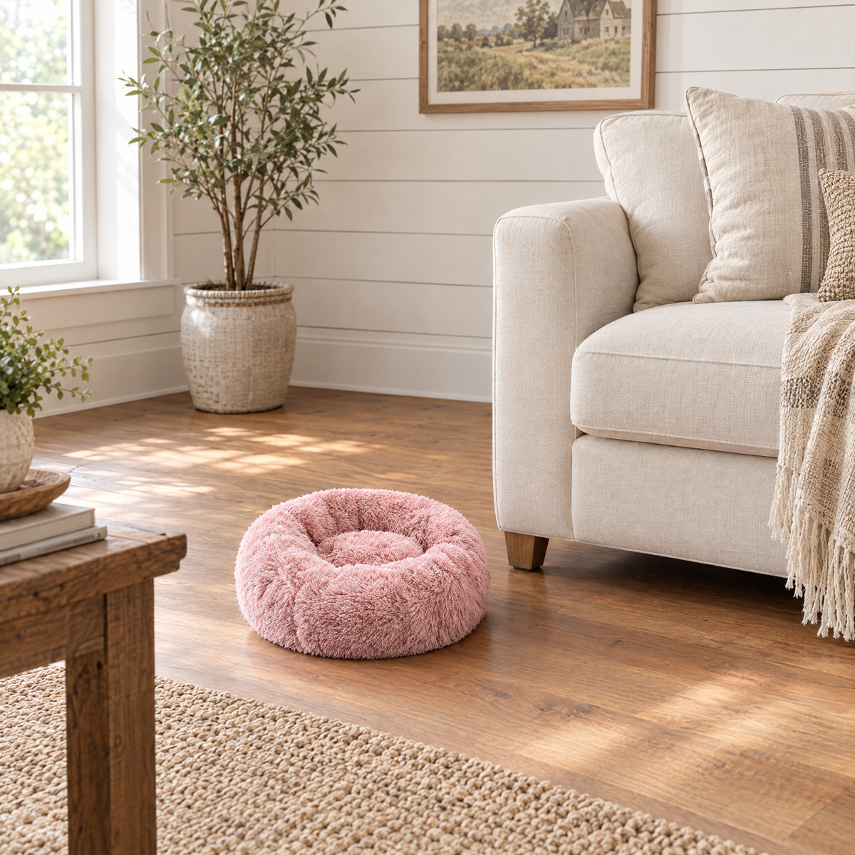 Plush Faux Fur Donut Calming Pet Bed - pink lifestyle room photo