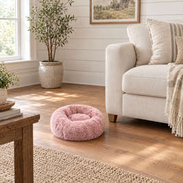 Plush Faux Fur Donut Calming Pet Bed - pink lifestyle room photo
