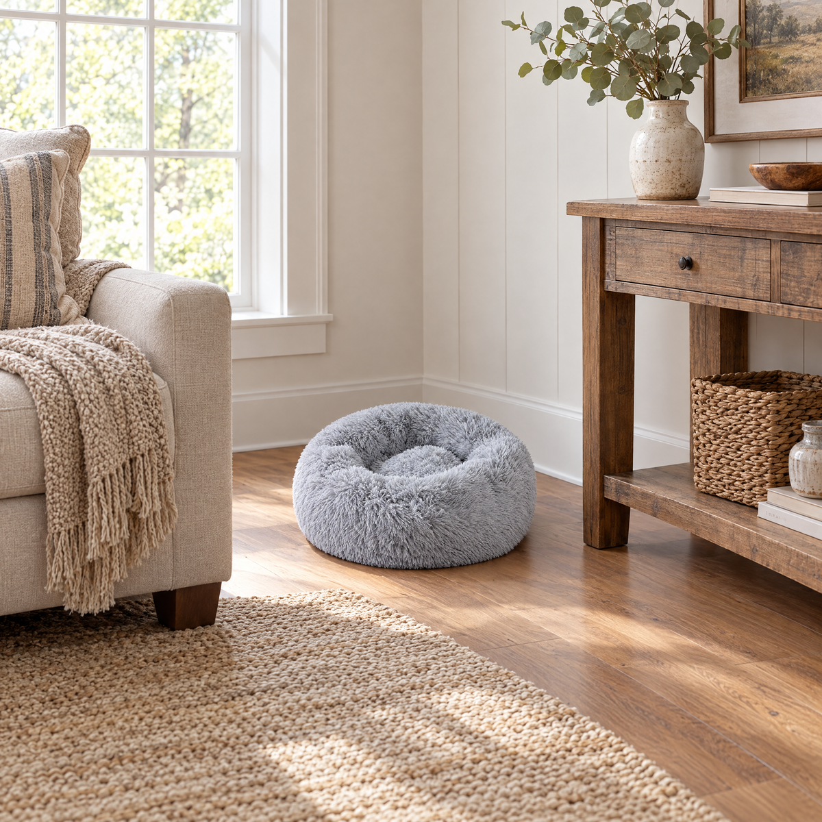 Plush Faux Fur Donut Calming Pet Bed - lightgray lifestyle room photo