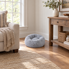 Plush Faux Fur Donut Calming Pet Bed - lightgray lifestyle room photo