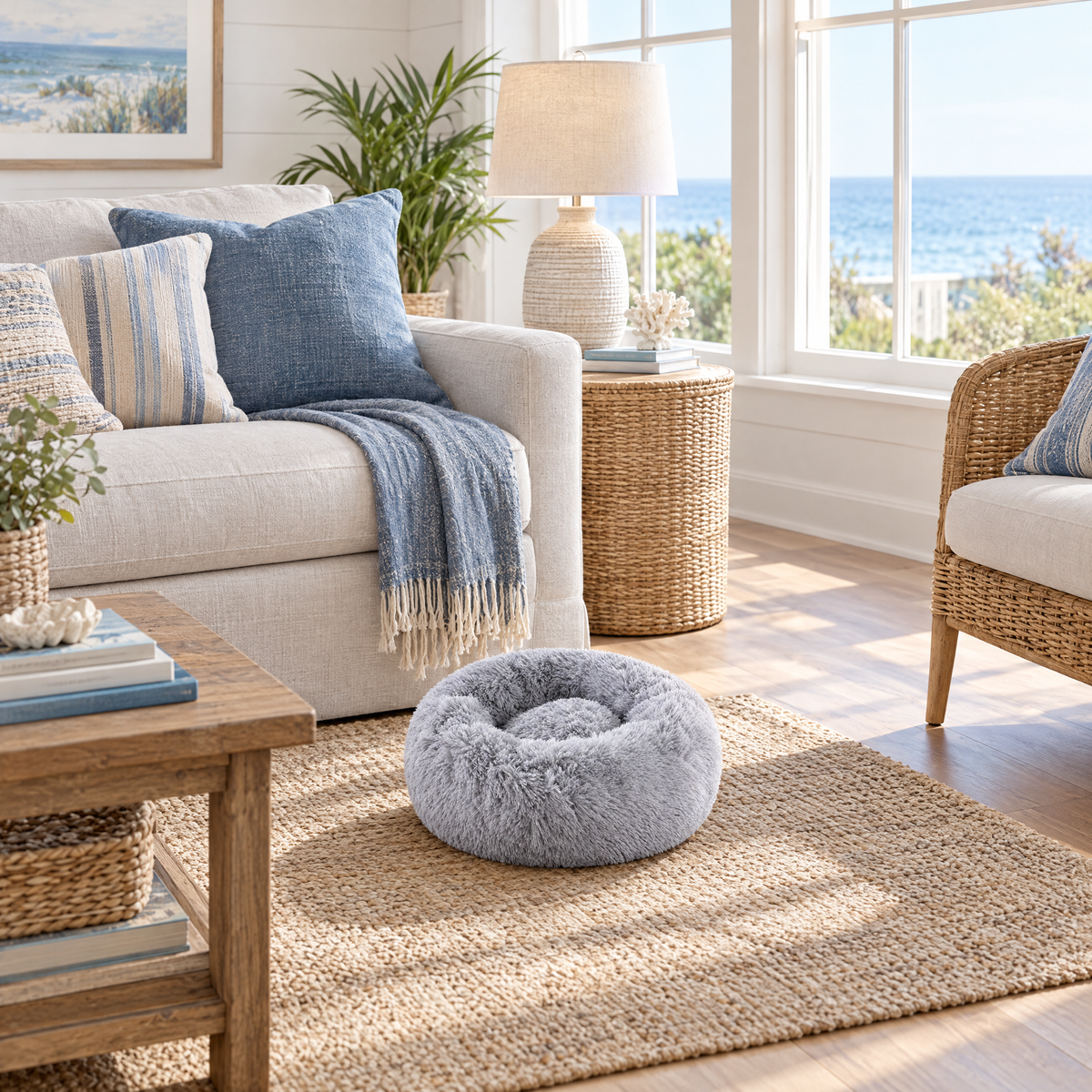 Plush Faux Fur Donut Calming Pet Bed - lightgray lifestyle room photo
