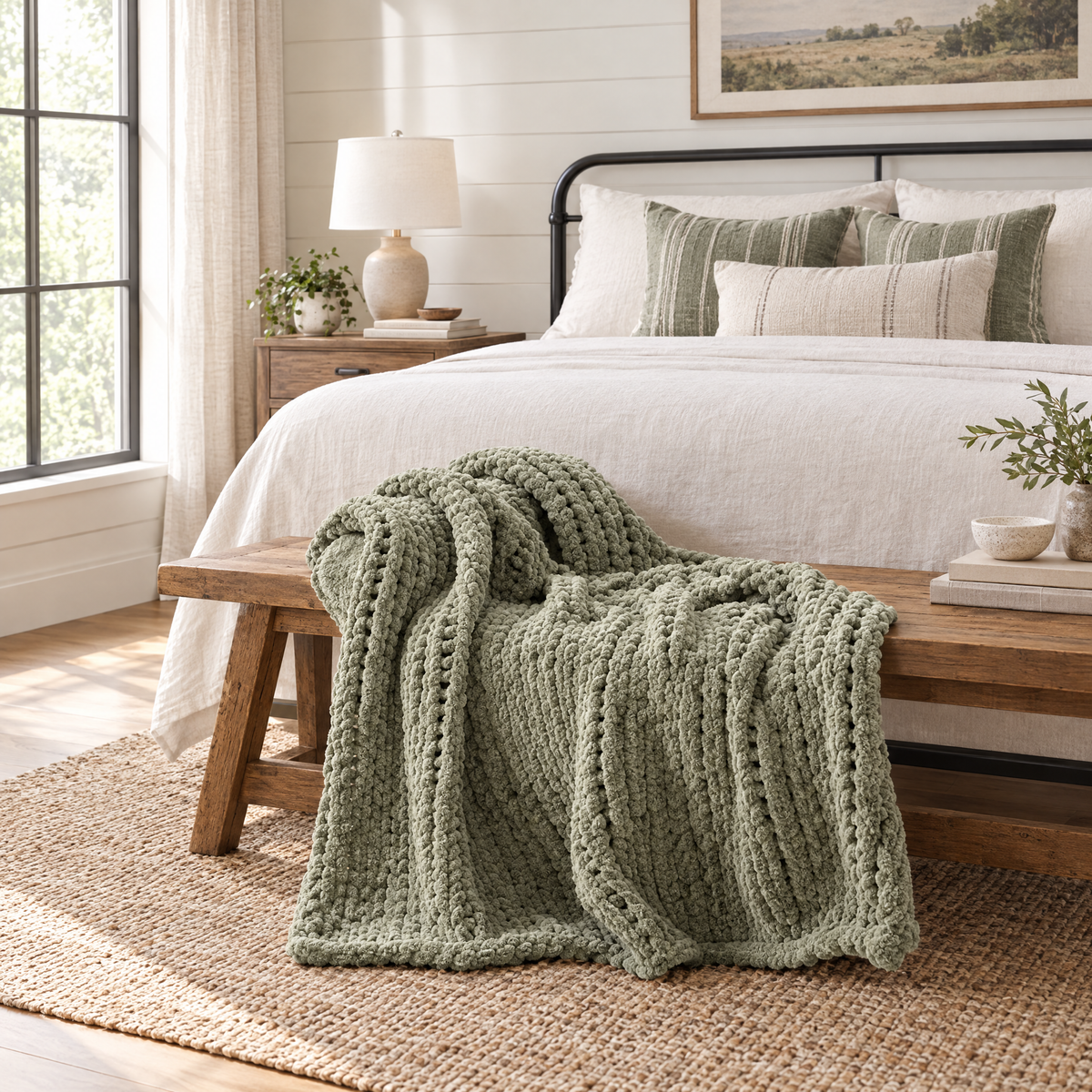 Chunky Cable Knit Throw Blanket, Sage Green - lifestyle room photo