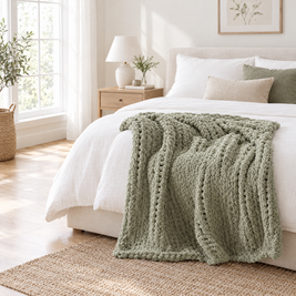 Chunky Cable Knit Throw Blanket, Sage Green - lifestyle room photo