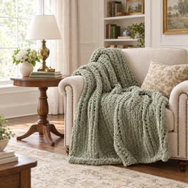 Chunky Cable Knit Throw Blanket, Sage Green - lifestyle room photo