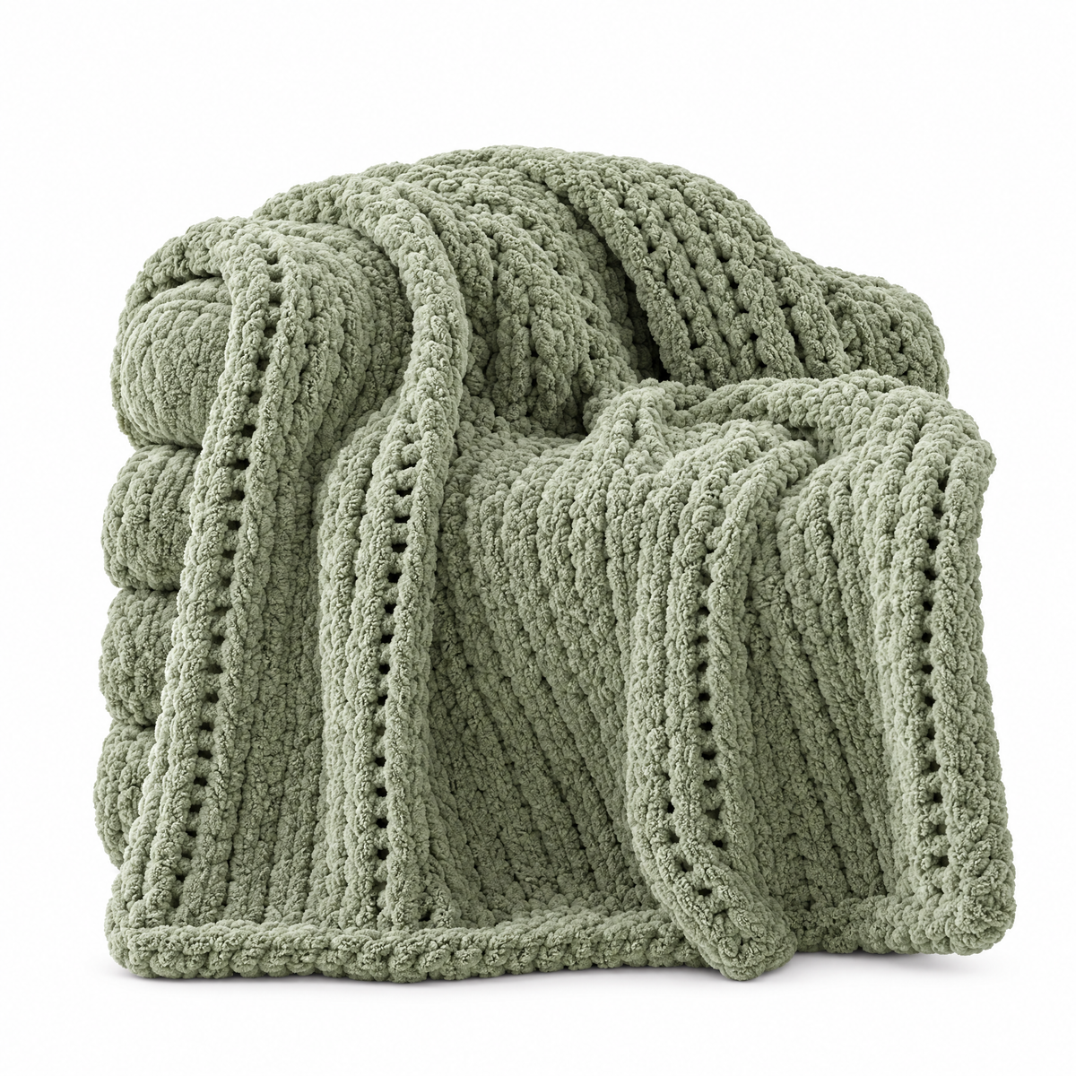 Chunky Cable Knit Throw Blanket, Sage Green - white background product photo